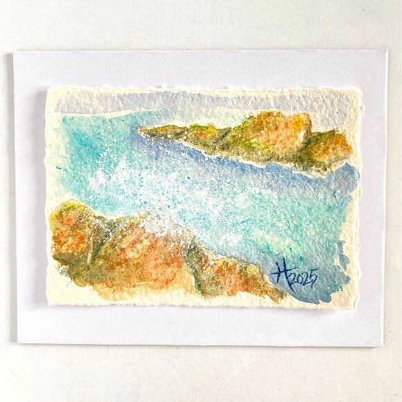Beach Splash 2 Original Seascape Watercolor Painting Handmade Paper 8x10in Mat - Picture 4 of 6